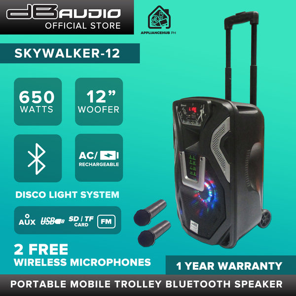 DB Audio by Astron SKYWALKER12MCX2 Portable Mobile Trolley Speaker - Bluetooth | 2 Free Wireless Mic | Outdoor and Karaoke Use | 650W | 12" Woofer