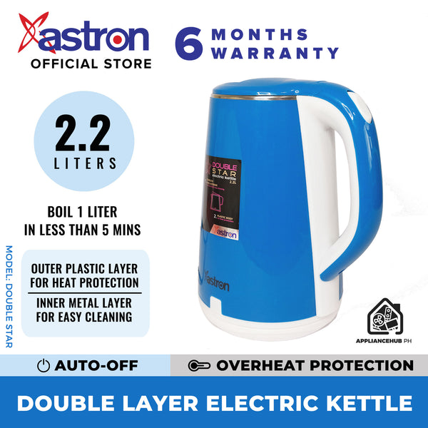 Astron DOUBLESTAR Electric Kettle - Blue | 2.2 Liter Capacity | Overheat Protection | Double Layered | 1800W