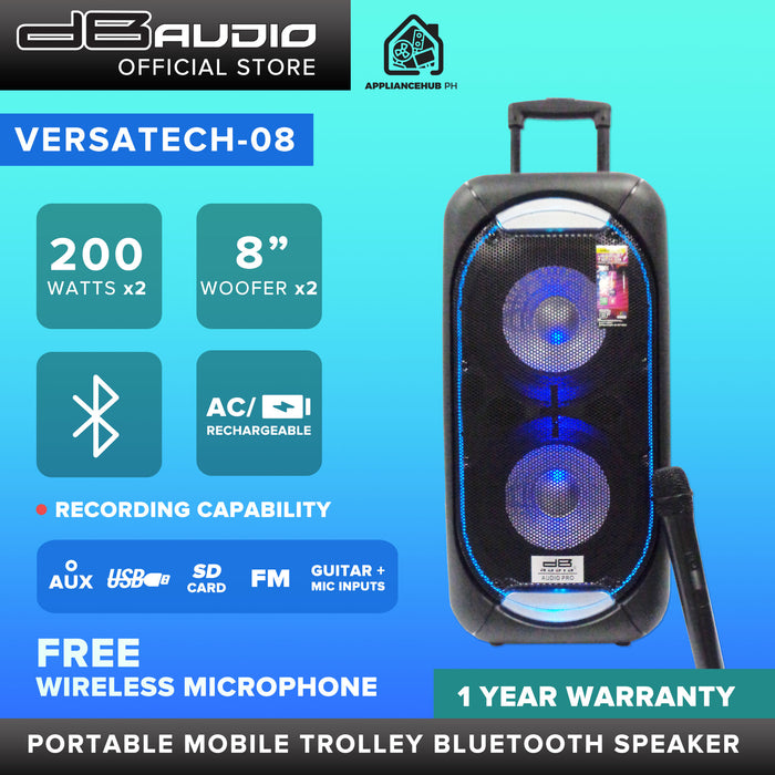 [FREE Wireless Microphone] DB Audio by Astron VERSATECH-08 Portable Mobile Trolley Bluetooth Speaker HIFI Boombox (8 inch woofers x 2) (200W x 2)  outdoor speaker  speaker for karaoke  rechargeable