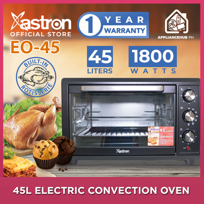 Astron EO45 Electric Convection Oven - Black | 45 Liter Capacity | Built-in Rotisserie | Multi- Function| Interior Lamp | Heavy Duty | 1800W