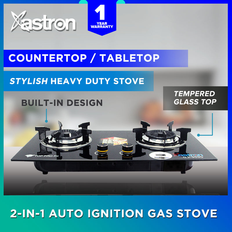 Astron GS9090 Built-in Double Burner Gas Stove | Heavy Duty | with Hob | Tempered Glass Top