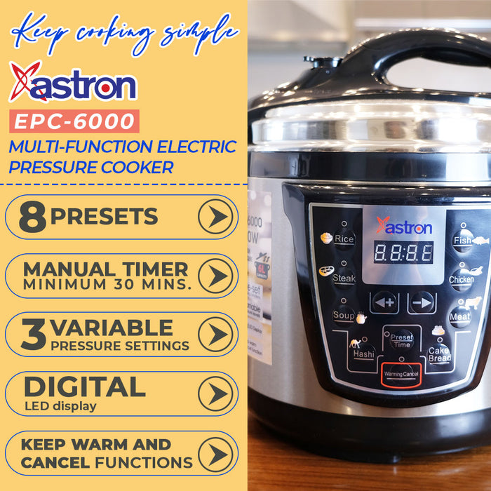 Astron EPC-6000 Multi-function Electric Pressure Cooker  Energy Efficient  1000W  6L Capacity  Extra Thick Body  Teflon-coated Inner Pot