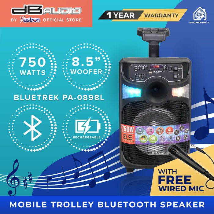 DB Audio by Astron BLUETREK-PA-0898L Portable Mobile Trolley Bluetooth Speaker (750W) (8.5" Woofer) ( (1 FREE Wired Mic)  outdoor speaker  speaker for karaoke  rechargeable