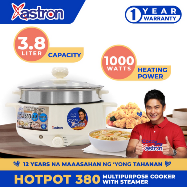 Astron HOTPOT380 Multipurpose Electric Cooker with Steamer - 3.8L capacity | Nonstick Plates | Safe-Touch Design | 1000W
