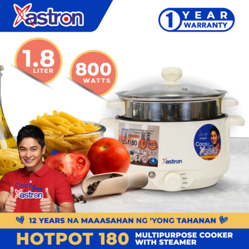 Astron HOTPOT180 Multipurpose Electric Cooker with Steamer - 1.8L capacity | Nonstick Plates | Safe-Touch Design | 800W