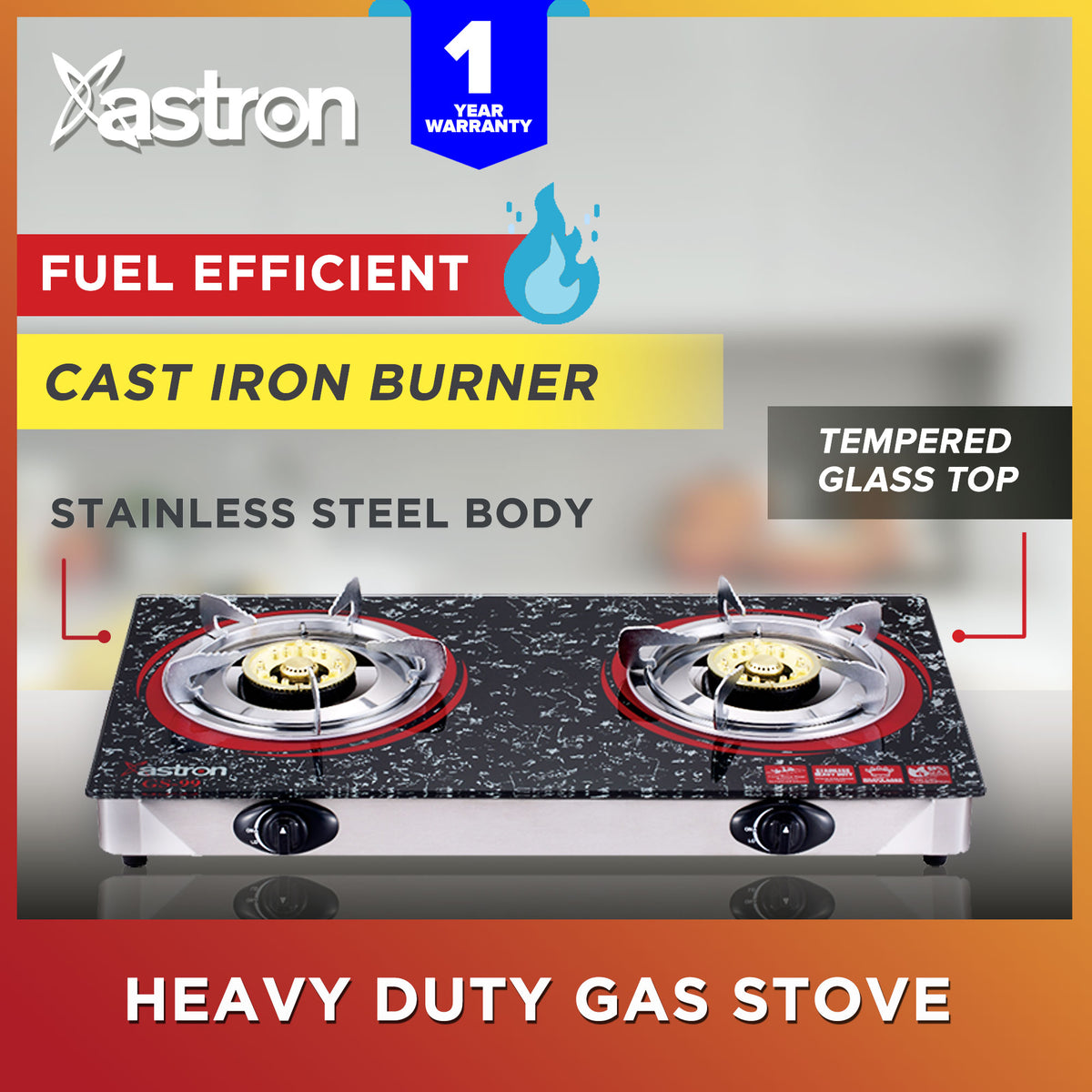Astron GS99 Double Burner Gas Stove Heavy Duty Tempered Glass Top  Cast Iron Burner