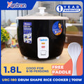 Astron URC180 Drum Shape Rice Cooker - Black | 1.8 Liters | Large Capacity | Aesthetic | Ideal fo 6-10 persons | 700W | Free Paddle