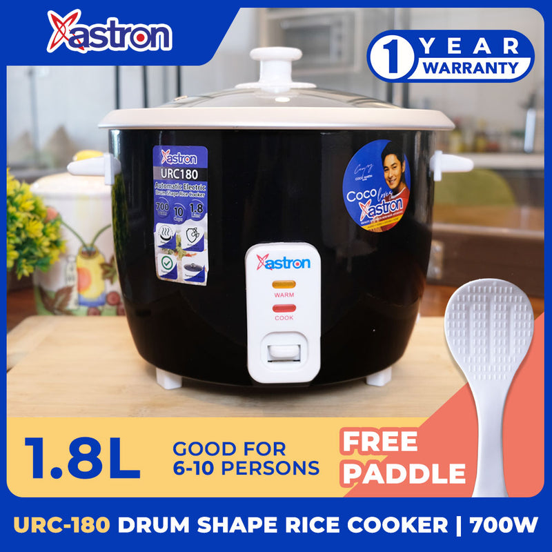Astron URC180 Drum Shape Rice Cooker - Black | 1.8 Liters | Large Capacity | Aesthetic | Ideal fo 6-10 persons | 700W | Free Paddle