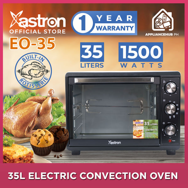 Astron EO35 Electric Convection Oven - Black | 35 Liter Capacity | Built-in Rotisserie | Multi- Function| Interior Lamp | Heavy Duty | 1500W