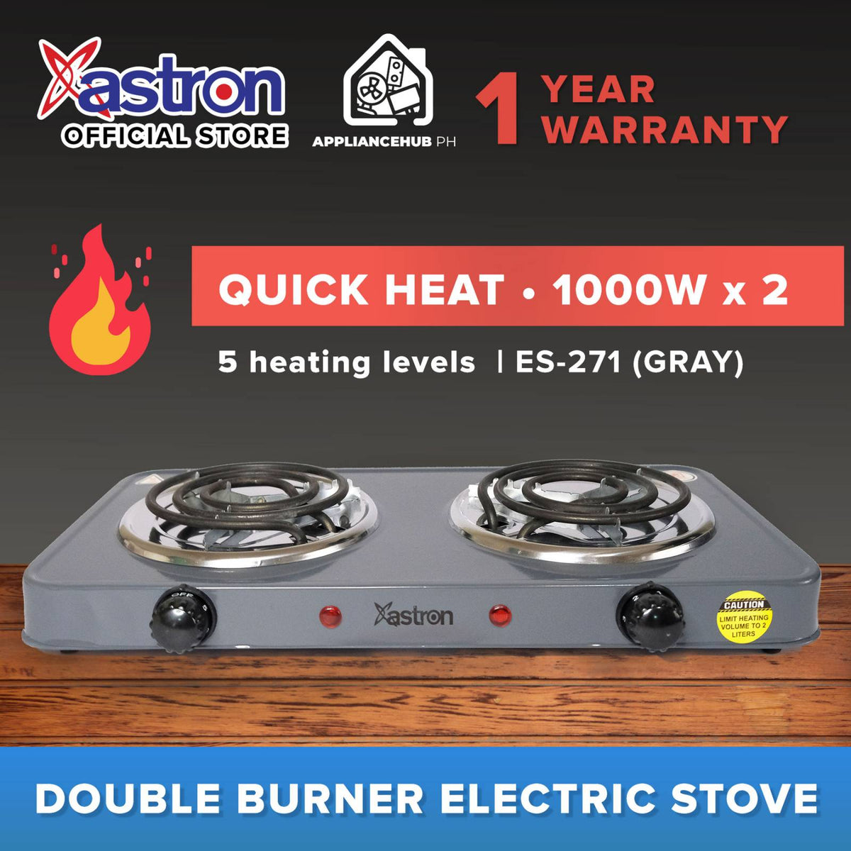 Astron ES271 Double Burner Portable Electric Stove (Gray) (1000W x 2