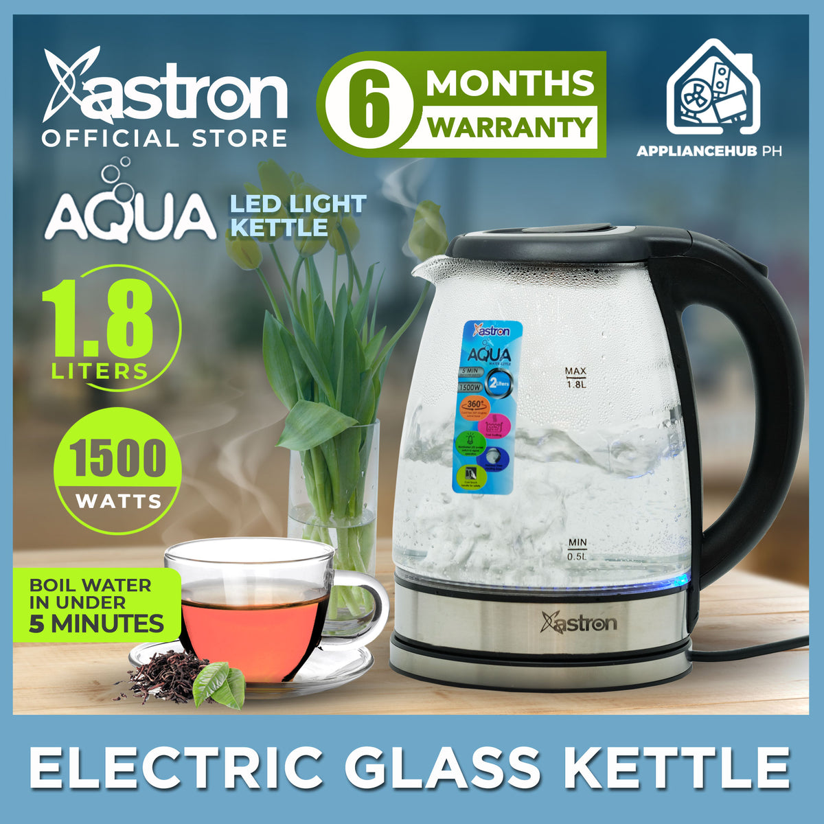 Astron AQUA Electric Glass Kettle Liter Capacity with LED Light  1500W Fast Boil