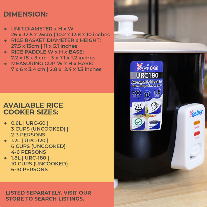 Astron URC-180 1.8L Drum Shape Rice Cooker (Black)  10 cups  700W  6-10 persons  free paddle  aesthetic rice cooker  minimalist rice cooker  big rice cooker