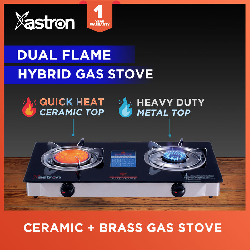 Astron DUALFLAME Double Burner Gas Stove - Tempered Glass Top | Ceramic and Metal | Infrared burner