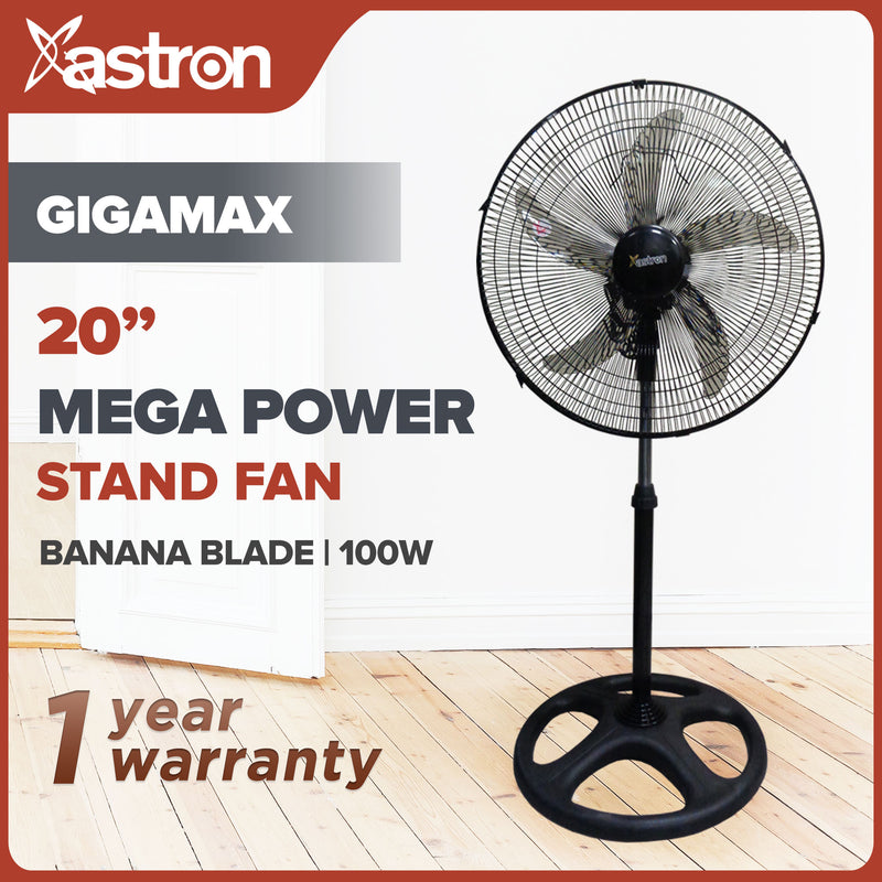 Astron Gigamax 20” Electric Stand Fan - Black | Heavy-Duty Cooling | XXL Design | 100W Mega Airflow