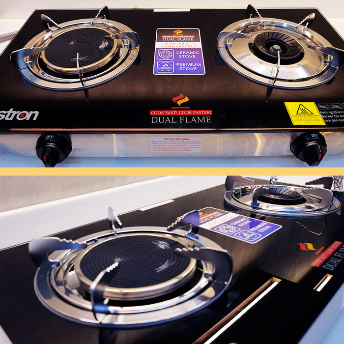 Astron DUAL FLAME Ceramic and Metal Double Burner Gas Stove with Tempered Glass Top  infrared burner