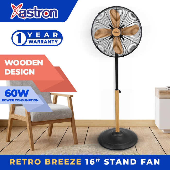 Astron RETRO BREEZE Modern & stylish 16" stand fan | Wooden design | 60W | 3 speed control