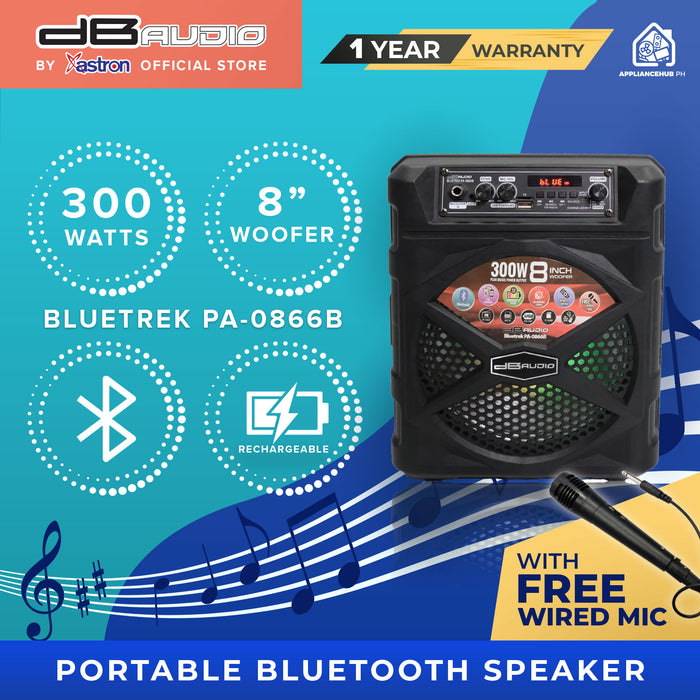 DB Audio by Astron BLUETREK-PA-0866B Portable Bluetooth Speaker (300W) (8" Woofer) (1 FREE Wired Mic)  small outdoor speaker  speaker for karaoke  PA system  rechargeable